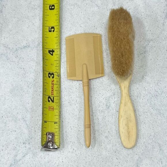 Vintage Celluloid Baby Infant Beige Wooden Dust Hairbrush and Comb Set 2 Piece - Picture 9 of 12